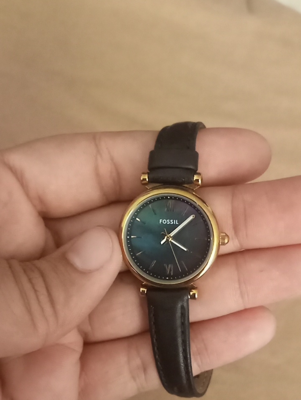 Fossil Rose Gold-Tone Case Black Leather Strap Watch with Dark Teal Dial